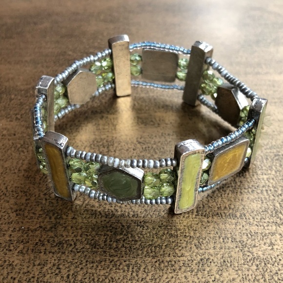 Enamel and bead bracelet in shades of sage green and gold with tiny silver beads - Picture 3 of 7